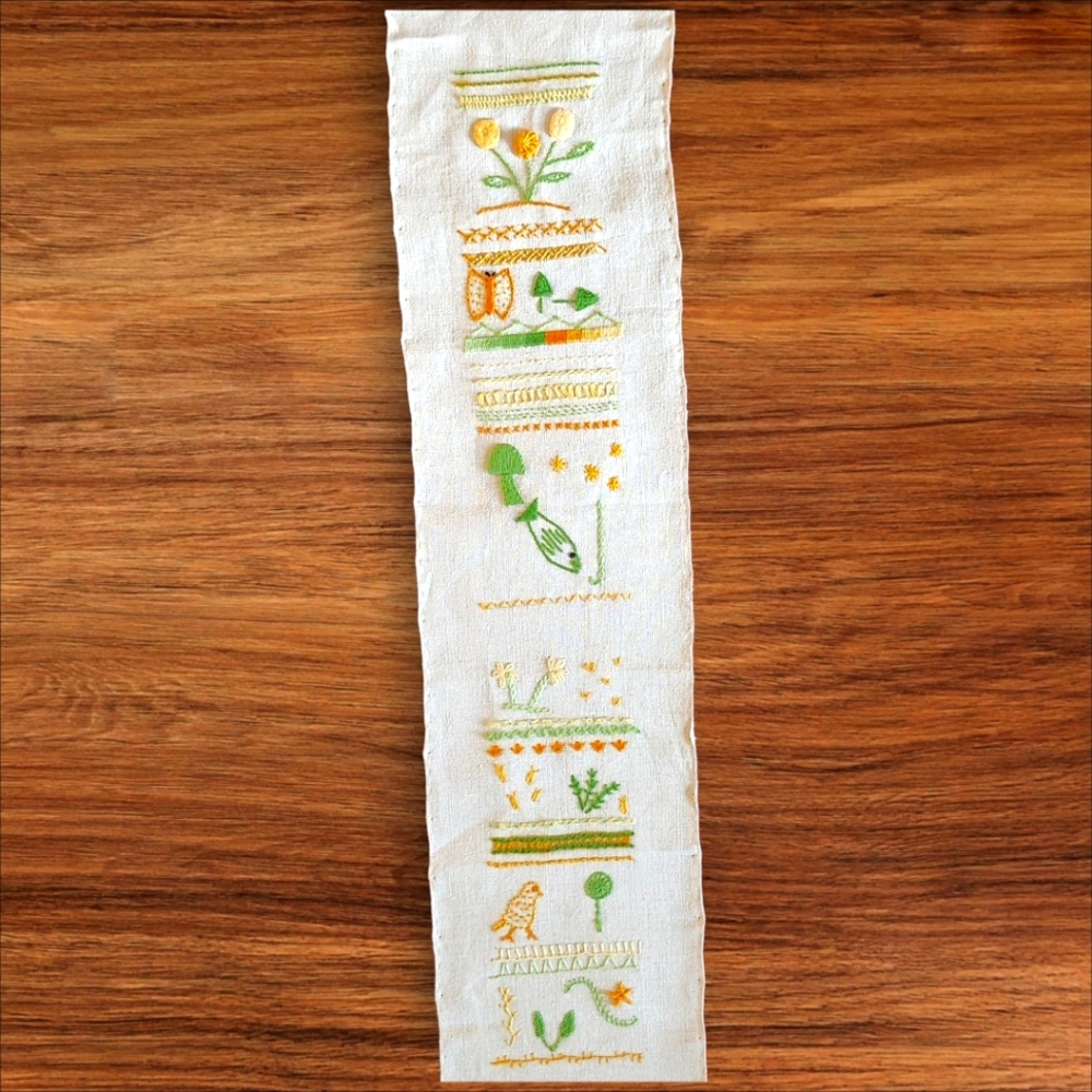 Handmade Vintage 70's Needlepoint Sampler Green, Brown and Orange Wall Hanging